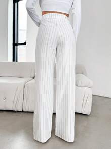 EURMUSE WOMEN TALL STRIPED BUTTON DETAILED CASUAL PANTS - White - View 2