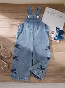 SHEIN Vintaside Kids 女婴休闲百搭刺绣蝴蝶结蓝色牛仔宽腿工装裤 - 彩色 - 查看 1