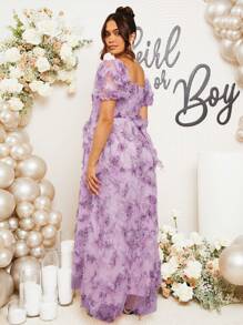 Loomaby Vestido casual largo con estampado floral, de manga corta y cuello de corazón para embarazadas - Morado - Ver 2