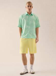Mainfolk 2pcs Men's Woven Fashionable Casual Young Loose Short Sleeve Shirt & Elastic Waist Straight Leg Shorts Set - Multicolor - View 5