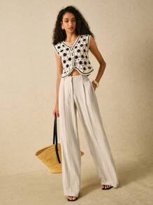 Poéselle 精致条纹阔腿裤 - 轻松展现优雅气质的时尚之选，亚麻裤，女式阔腿裤，条纹裤，休闲短款，高腰时尚，舒适的工作服风格 - 彩色 - 查看 6