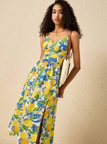 Poéselle 度假风柠檬印花中长吊带连衣裙，热带风情连衣裙，海岛度假沙滩连衣裙，黄色女装连衣裙，碎花连衣裙，飘逸连衣裙，单件装女士中长吊带连衣裙，简约休闲日常穿着 - 彩色 - 查看 6