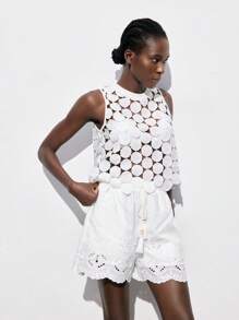 Maija Water-Soluble Embroidery Comfortable And Breathable Round Polka Dot Top Vacation Outfits Woman Hollow Out Top - White - View 12