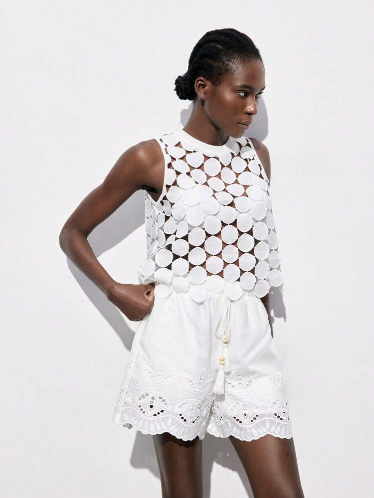 SHEIN Maija Water-Soluble Embroidery Comfortable And Breathable Round Polka Dot Top Vacation Hollow Out Top