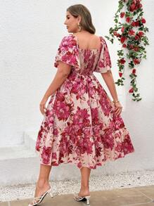 Sunnyshic Vestido con estampado floral, mangas con volantes y abertura, talla grande, elegante y romántico para fiestas, eventos y vacaciones