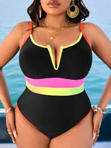 Slaydiva 大码女式纯色吊带连体修身泳衣，休闲度假风格 - 黑色 - 查看 3