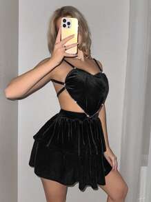 Sweetina Robe de soirée scintillante avec cristaux, dos nu, jupe de fête sexy, convient pour la rentrée scolaire - Noir - Voir 5