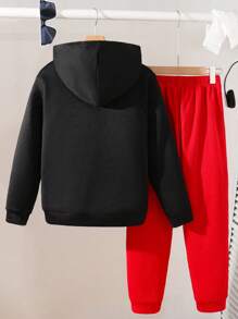 SHEIN Leap Crew 2 件 Tween Boy 字母印花连帽运动衫和运动裤套装，适合春秋季休闲户外场合，羊毛，加厚