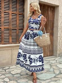 Chiquease Conjunto de 2 piezas de mujer con top/sujetador elegante y falda larga con estampado de porcelana azul y blanco para vacaciones