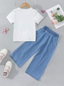 Denimly 年轻女孩休闲都市可爱学院风 2 件套：白色短袖蝴蝶结图案 T 恤和宽腿高腰可调节抽绳牛仔裤 - 白色 - 查看 2