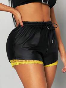SHEIN SXY Black & Yellow Color Block Casual Street Sporty Super Short Shorts, Sports Shorts, Tennis Shorts, Running Pants, Versatile Bottom Wear For Spring & Summer