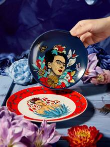Frida Kahlo X SHEIN Flower Pattern Dinner Plates, Two Sizes, Microwave & Dishwasher Safe, Can Be Used For Cakes, Fruits, Pasta, Etc.