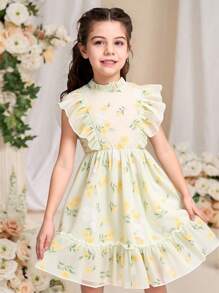Glamorique Kids Vestido sin mangas con cintura bordado en amarillo para niña, cómodo y ligero para el verano, hermoso y lindo