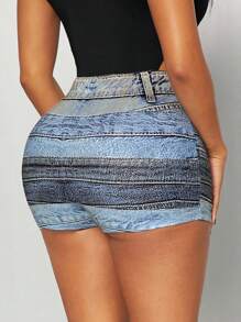 SHEIN SXY Spring Summer Street Casual Daily Comfort Sexy Nightclub Rock Hot Girl Music Festival Denim Effect High Waist Tight Mini Women Skirt Short - Multicolor - View 2