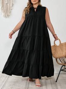 SHEIN CURVE+ Vestido largo talla grande con cuello de corbata, bajo con volantes y mangas acampanadas, estilo bohemio para vacaciones
