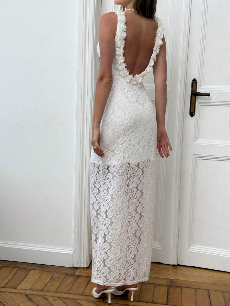 Aloruh Robe élégante et sexy pour femmes, de couleur unie, avec décoration florale en dentelle 3D et dos nu - Blanc - Voir 1