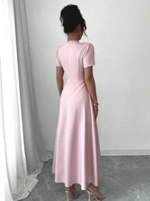 Elenzga Spring & Summer V-Neck Short Sleeve High Waist A-Line Pearl Button Pocket Pleated Midi Bohemian Dress For Women - Pink - View 2
