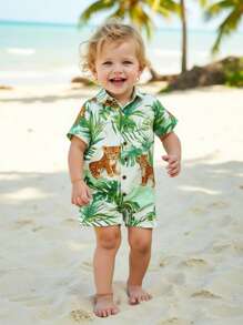 SHEIN 1pc Baby Boy Summer Short Sleeve Tropical Green Plant & Leopard Print Regular Fit Romper, Suitable For Vacation, Outdoor Everyday Wear, Beach Baby Romper, Baby Bodysuit, Infant Baby Clothes,Kid Clothes,Toddler Clothes, Baby Outfit, 6M-3T