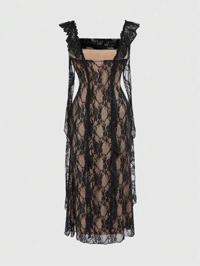 Goth Elegant Sexy Women's Lace Mermaid Hem Draped Neck Bodycon Dress