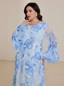 Graceveil Vestido modesto de talla grande con mangas abombadas, estampado floral de gasa y románico