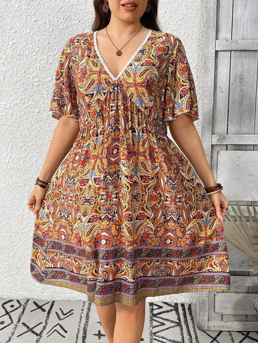 SHEIN Clasi Plus Size Bohemian Collar Patchwork Lace Waist Hem Short Casual Beach Music Festival Dress - Multicolor - View 1