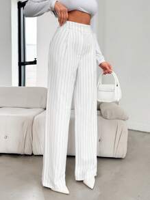 EURMUSE WOMEN TALL STRIPED BUTTON DETAILED CASUAL PANTS - White - View 6