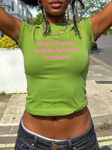 INAWLY Camiseta corta con estampado en inglés para mujeres, informal y versátil para el verano - Multicolor - Ver 4