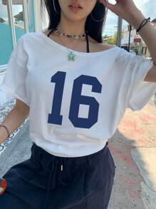 INAWLY 女士数码印花圆领可变肩短袖 T 恤，夏季图案 T 恤女式上衣 - 白色 - 查看 3