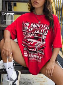 Coolane 女士夏季返校篮球比赛字母印花超大落肩袖 T 恤，男女通用