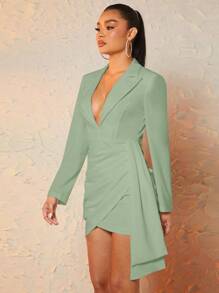 Silquee Vestido corto de mujer con cuello de solapa, manga larga, fruncido, parche y volante en el bajo, color verde salvia - verde menta - Ver 7