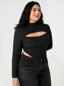 SHEIN EZwear 大码女式纯色立领镂空长袖黑色 T 恤 - 黑色 - 查看 3
