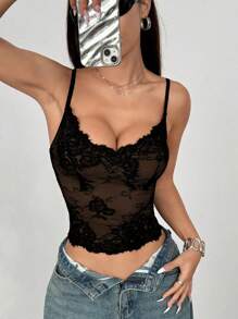 Rina Fox French Style Sexy Lace Contrast Color Backless Camisole Tank Top For Women Graphic Tees Women Tops