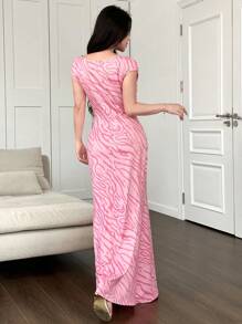Modelyn Rochie de damă, cu umeri asimetrici, cu volane, cu volane, cu tiv de sirenă, culoare roz, vară nou sosită - Roz - Vizualizare 2