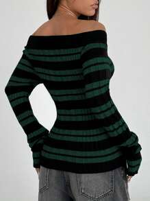 SHEIN Unity 女士休闲套头毛衣，简约时尚休闲露肩日常穿着 - 墨綠色 - 查看 2