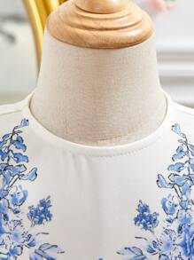SHEIN Cute & Elegant Floral Satin Short Sleeve Dress For Babygirl, Summer - White - View 6