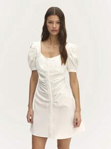SHEIN Unity Puff Sleeves A-Shape Mini Dress 
Perfect For Casual Spring Summer Outings! - Beige - View 6