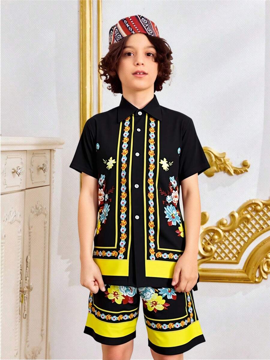 青少年男孩花卉印花休闲装 - 短袖上衣和短裤套装 - 彩色 - 查看 1