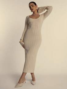 MUSERA Ribbed Knitted Scoop Neck Flare Sleeve Maxi Dress Spring Evening Party Elegant - Cream - View 1