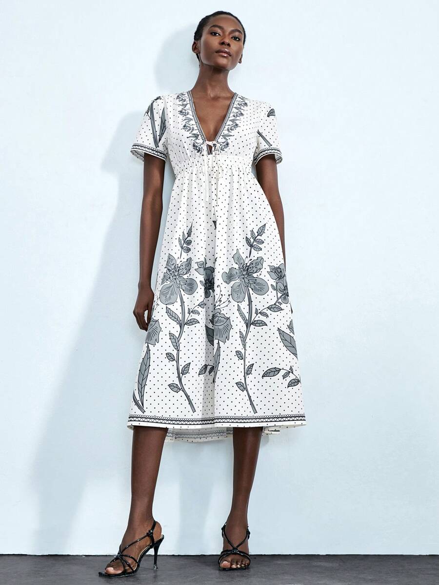 Chiquease Plant Retro Print Elegant Women's Mid-Length Dress, Short Sleeve - Apricot - View 1