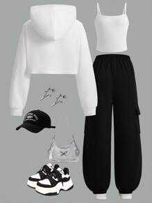 3 pièces/Set Adolescentes sweat-shirt à capuche Ample Décontracté avec Graphique Lettrage, Camisole Tricotée et Pantalon Cargo Vert Tricoté, Convient pour le Printemps, l'Automne et l'Hiver