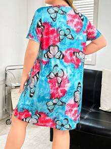 Ombre Butterfly Print Casual Round Neck Short Sleeve Plus Size Nightgown - Multicolor - View 2