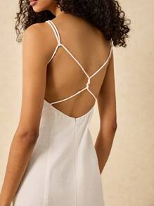 Poéselle סגנון נופש צרפתי משוחרר סקסית ללא גב שמלת מקסי פשתן עם רצועת ניגודיות, טוטו ארוך, בגדי נשים בסגנון בוהמי, שמלת חוף לנשים, שמלת אביב, שמלת סיום לבנה, שמלת סיום לבנה - לבן - ראה 4