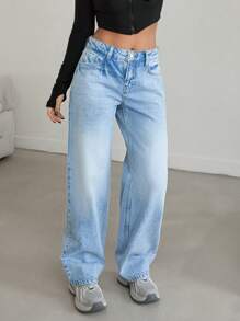 EURMUSE Quần Jeans Ống Rộng Cạp Thấp Snow Wash, Đơn Giản Và Thời Trang Cho Mặc Hàng Ngày - Rửa trung bình - Xem 5