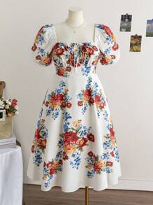 SHEIN WYWH Plus Size Women's Vacation Countryside Placement Print Square Neck Puff Sleeve Split Midi Dress - Multicolor - View 1