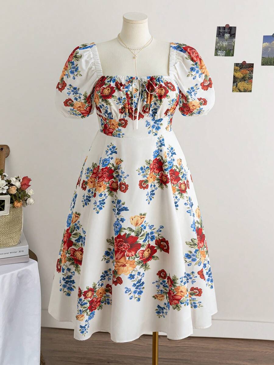 SHEIN WYWH Plus Size Women's Vacation Countryside Placement Print Square Neck Puff Sleeve Split Midi Dress - Multicolor - View 1