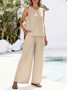 EMERY ROSE 夏季女式度假休闲纯色背心和裤子两件套 - 杏色 - 查看 4