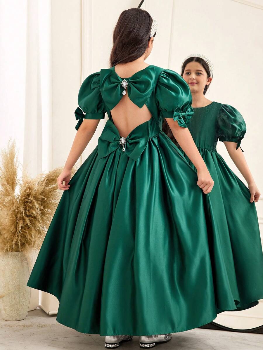 SHEIN Tween Girl Elegant Rhinestone Hollow Butterfly Decor Cinched Waist Ruched Maxi Poplin Satin Formal Dress - Green - View 1