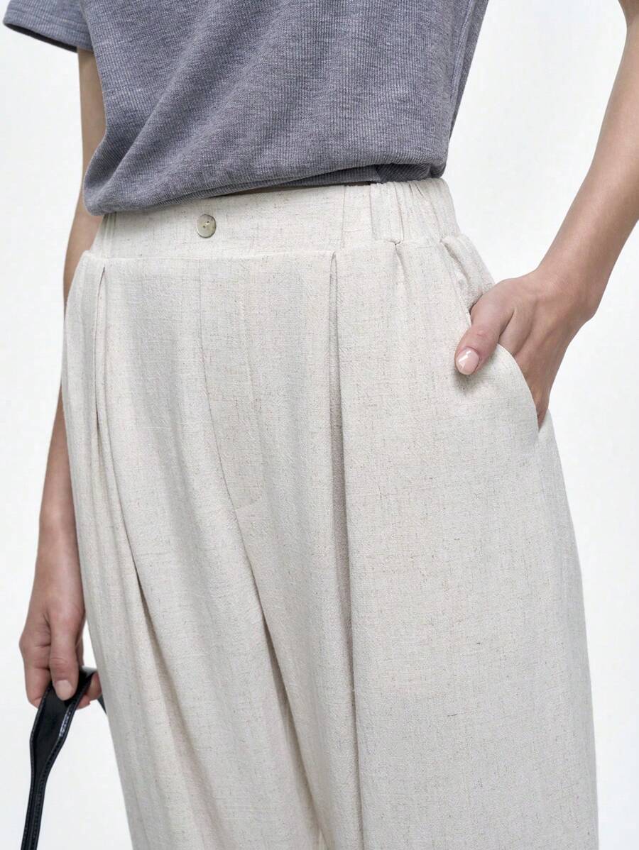 SHEIN Clasi Women Plain Color Casual Linen Pants - Apricot - View 1