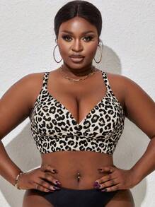 SHEIN Swim Curve Plus Size Summer Beach Leopard Print Swimwear Bikini Top