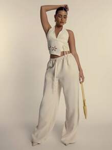 MUSERA Halter Neck Flower Cut Out Tie Plunge Wrap Around Top For Spring Cute Summer - Beige - View 4